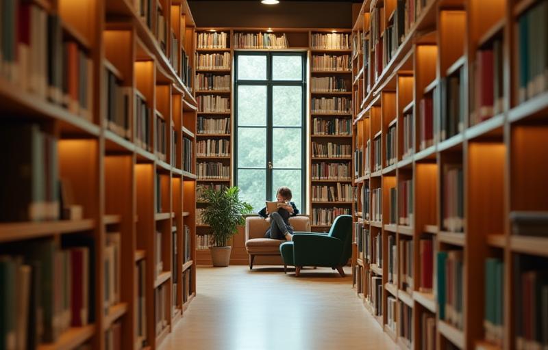 Interior view of a warm, modern library with bookshelves and a person reading, suggesting a peaceful place for learning.