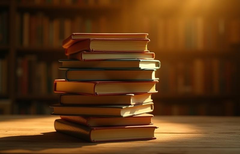 Stack of diverse books with a warm light, symbolizing knowledge and exploration.